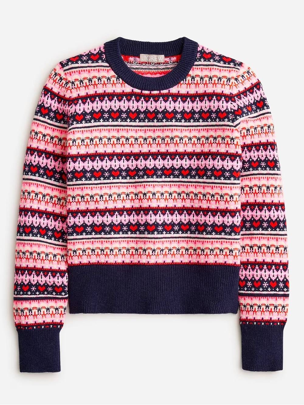 J. CREW Fair Isle Lambswool Heart Crewneck Sweater Pink Blue Small NEW